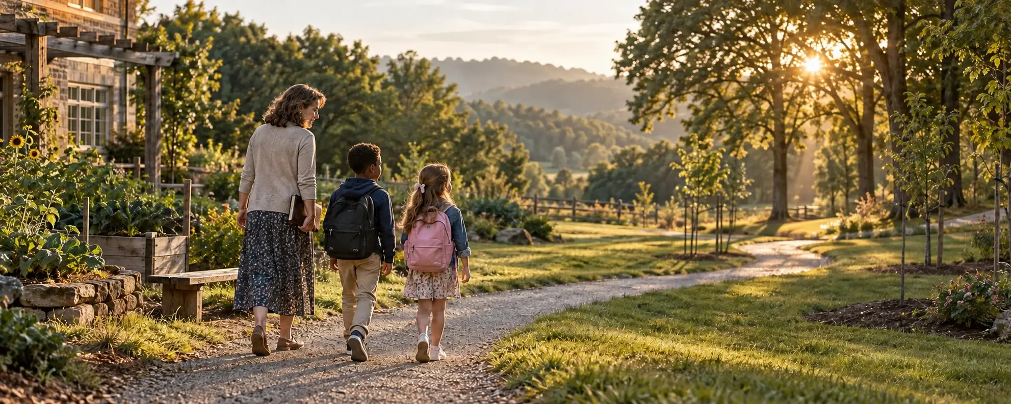 A teacher guides two children along a sunlit path lined with young and mature trees.